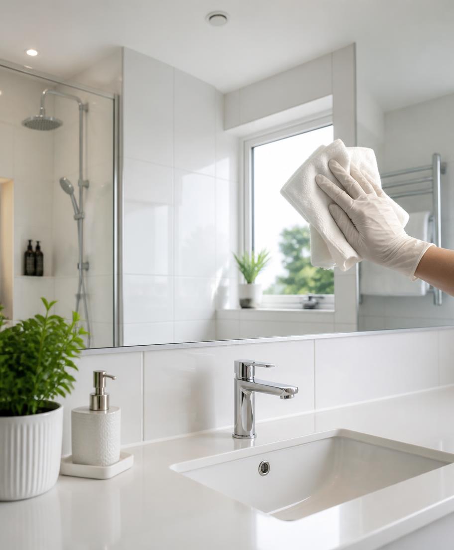 Gloved hand polishing a mirror in a sparkling clean bathroom