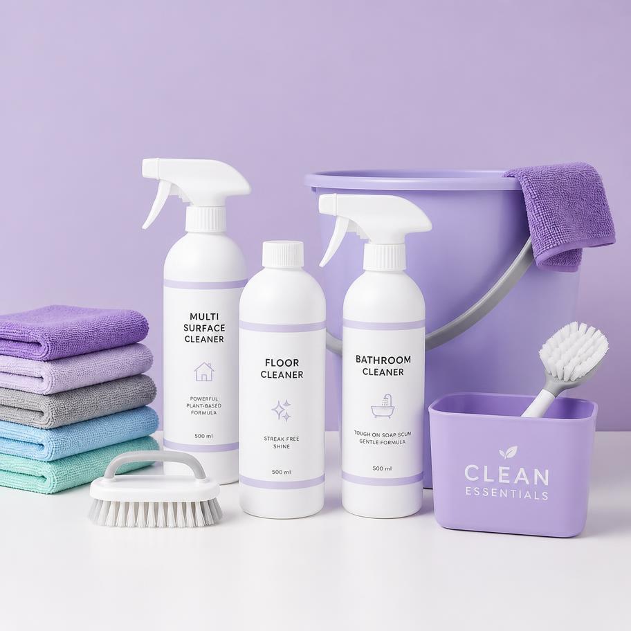 Neatly arranged professional cleaning supplies and microfiber cloths