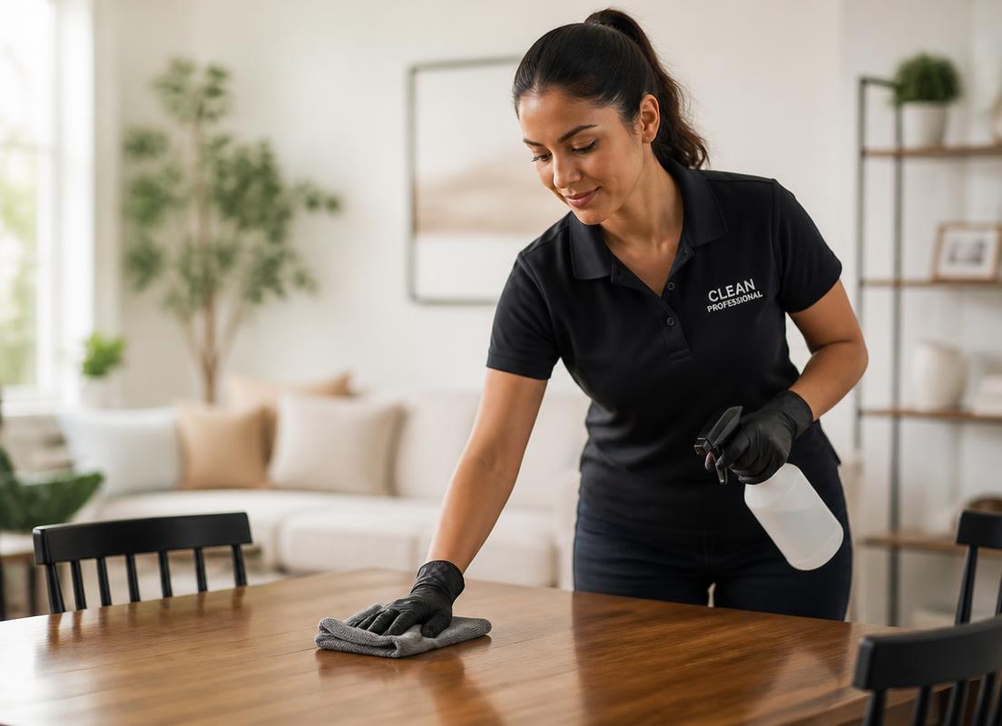 Cleaner wiping a wooden dining table with spray and microfiber cloth