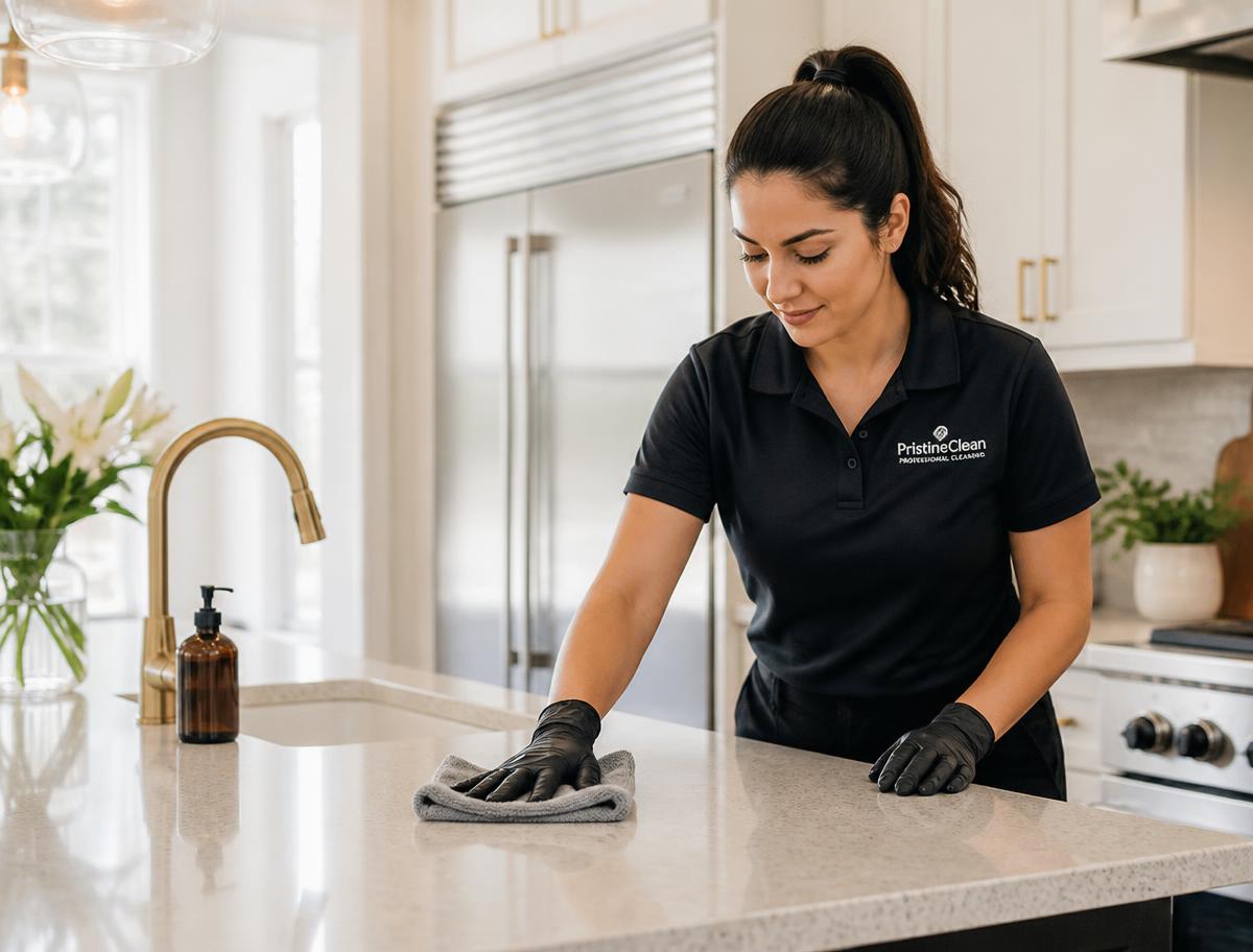Professional cleaner wiping a kitchen countertop in a spotless family home
