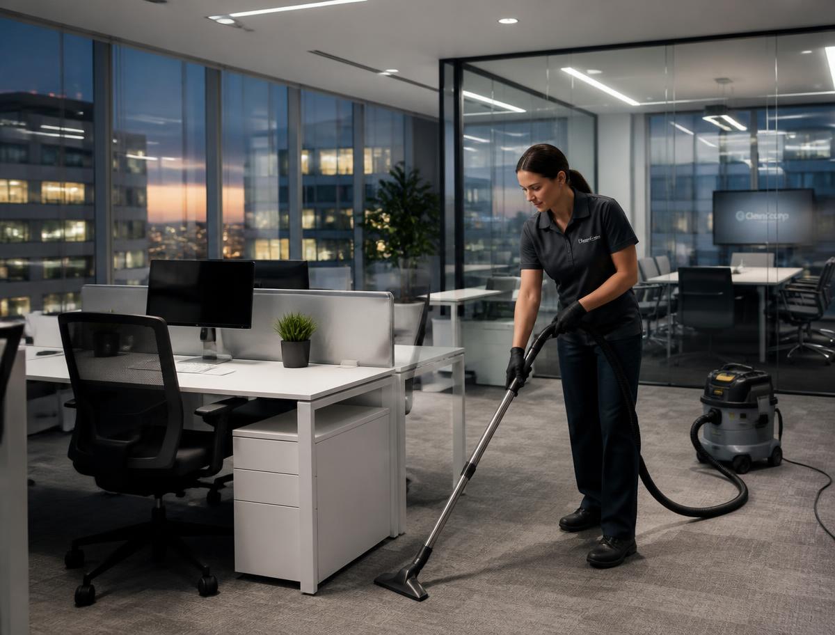 Cleaner vacuuming an open-plan office in the evening